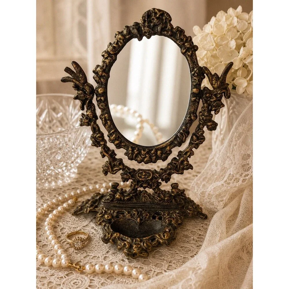 Vintage Style Ornate Vanity Mirror Metal Tabletop with Tray
